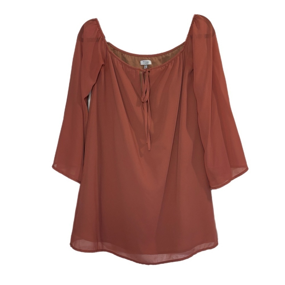 Tobi sunset orange lightweight scoop neck drawstring neckline tunic blouse